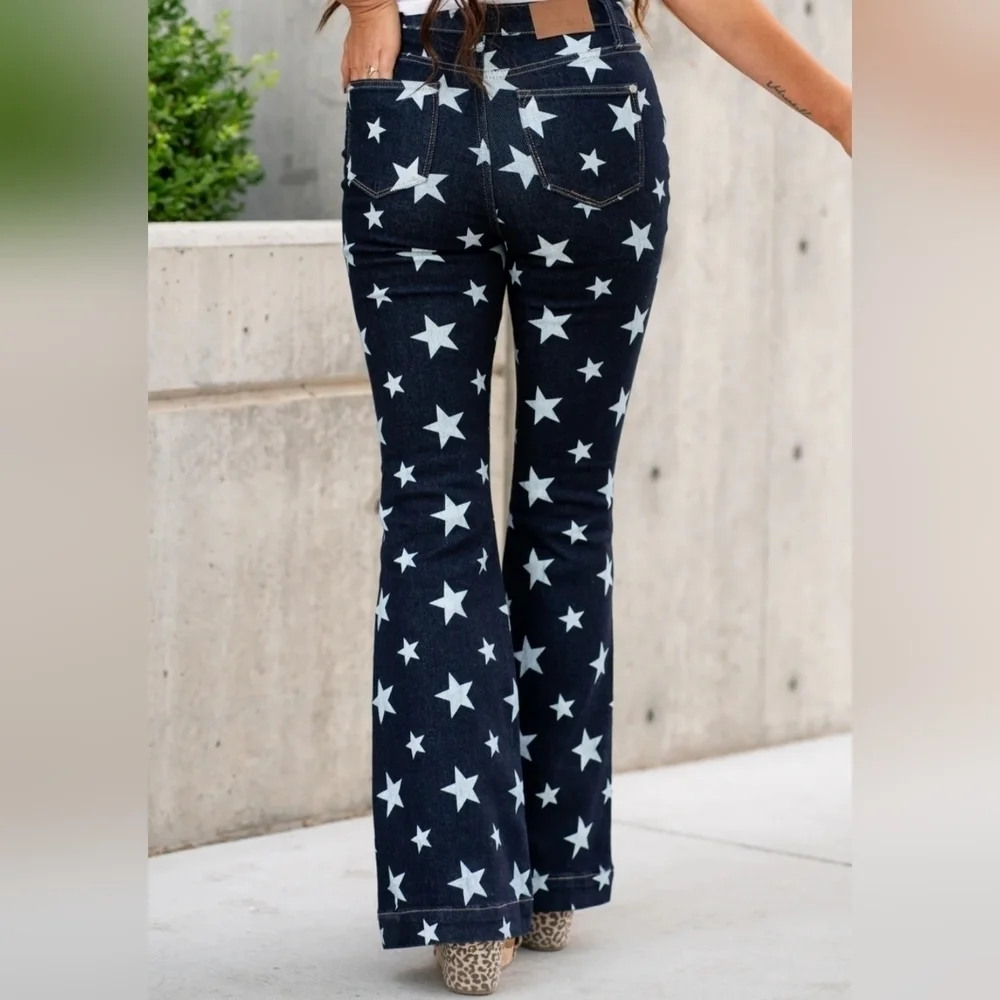 Judy Blue HR Dark Wash Star Print Flare Jeans Classic Americana Various NEW